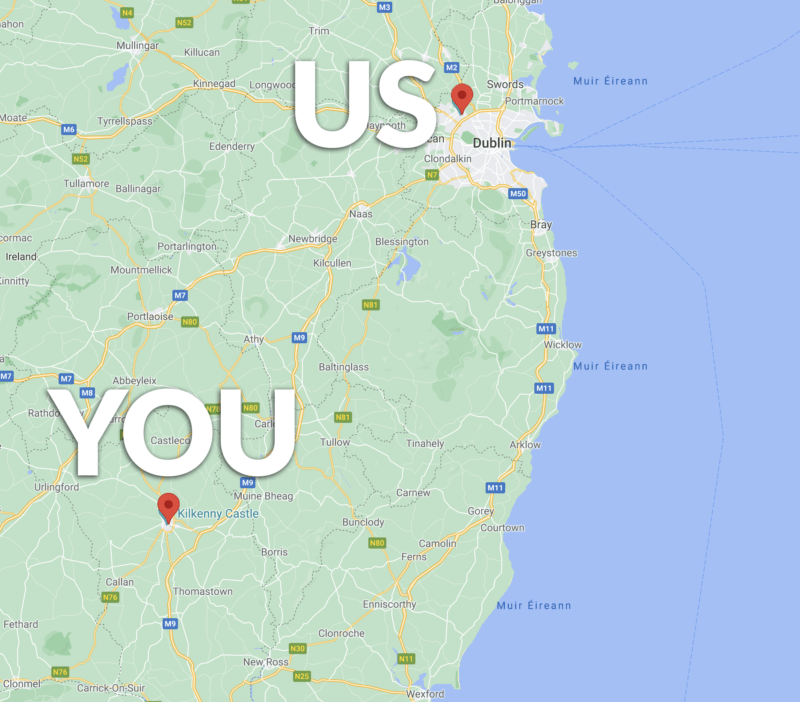 a map showing the south east of Ireland. It shows Kilkenny and Finglas highlighted, showing the distance between the two.
