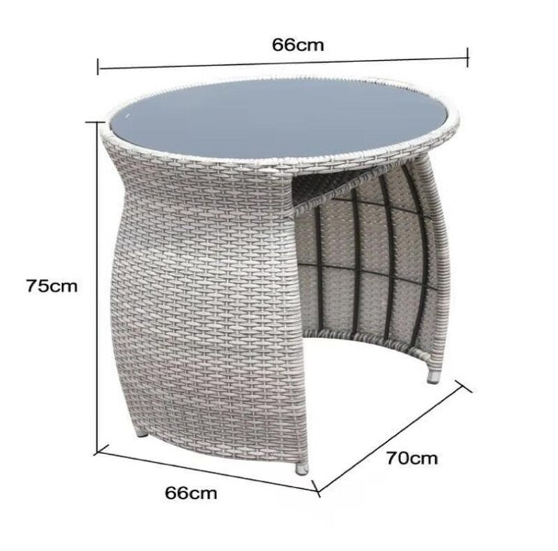 The balcony table from the balcony table and chairs set against a white background with the dimesnions overlaid. It is 75cm tall, 66cm wide on the top and 70cm wide on the bottom