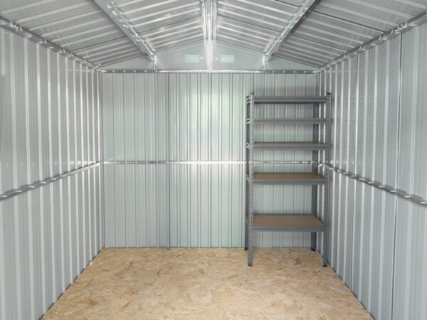 The small shelving unit inside the 7.5ft x 7.5ft Steel Shed