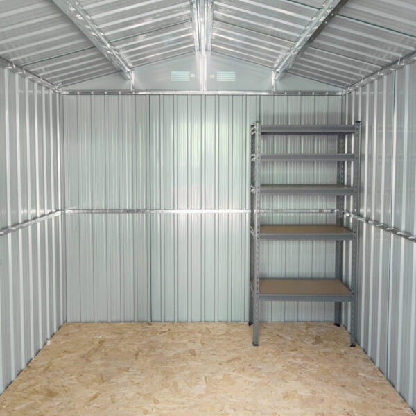 The small shelving unit inside the 7.5ft x 7.5ft Steel Shed