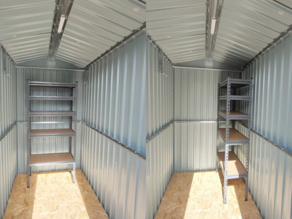 A diptych showing the small shelving unit in the 4x6 shed in two different positions. It takes up almost the entire back wall when placed wide and just under half when placed deep.