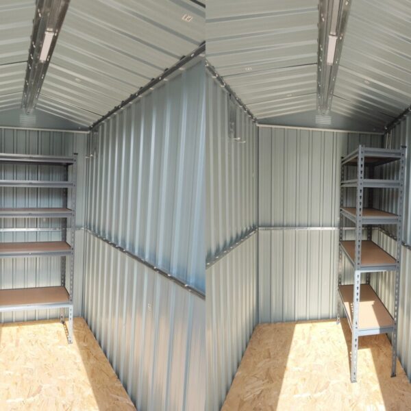 A diptych showing the small shelving unit in the 4x6 shed in two different positions. It takes up almost the entire back wall when placed wide and just under half when placed deep.