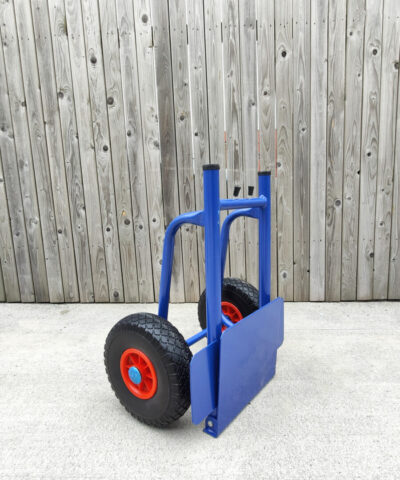 a 45 degree view of the hand truck with the back plate removed. It has a truncated top side, as a result