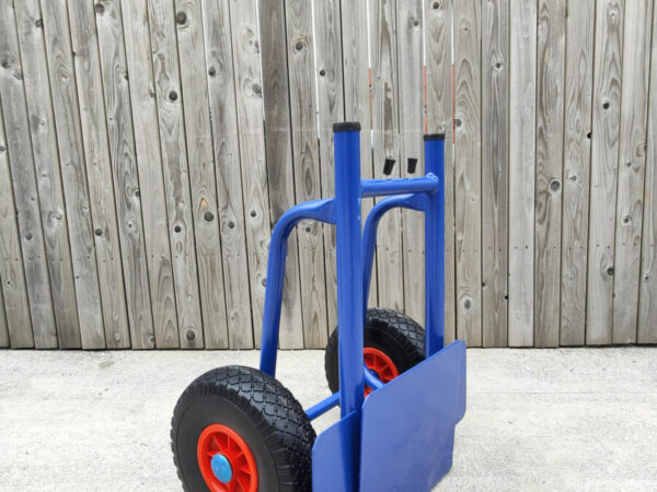 a 45 degree view of the hand truck with the back plate removed. It has a truncated top side, as a result