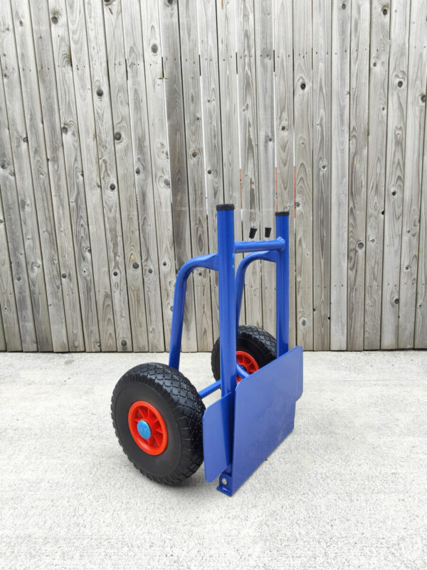 a 45 degree view of the hand truck with the back plate removed. It has a truncated top side, as a result