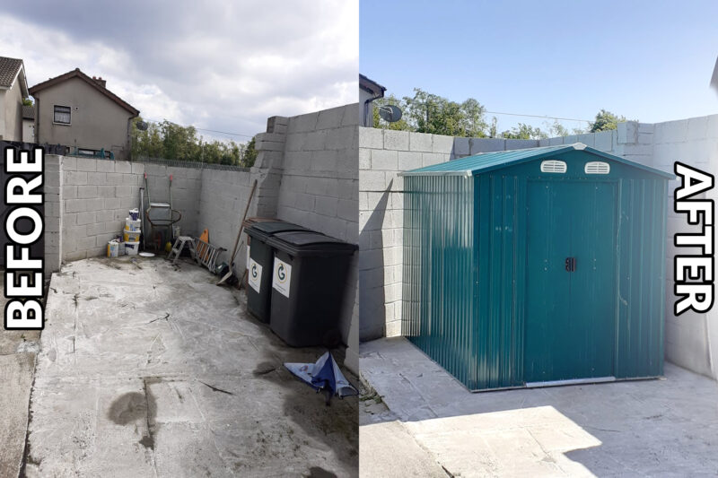 A before and after image of one of our Steel Sheds Offaly. The before picture has an empty garden space. The after side has a steel shed in offaly displayed.