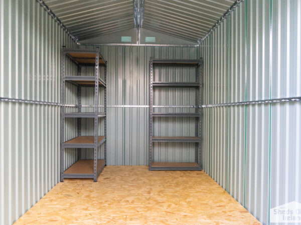 Shelves inside a steel shed. There are 5 tiers and the tiers have wooden bases.