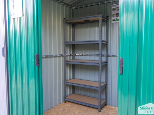 Shelves inside a steel shed. There are 5 tiers and the tiers have wooden bases.