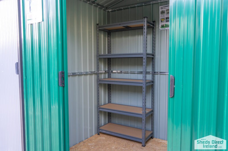 Shelves inside a steel shed. There are 5 tiers and the tiers have wooden bases.