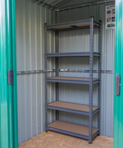 Shelves inside a steel shed. There are 5 tiers and the tiers have wooden bases.