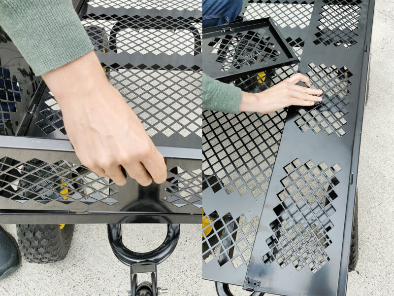 Two photos side by side. The first shows a mans hand lifting up the panel, the second shows it pulling it in towards his body to lay it flat down and to separate it from the body of the cart
