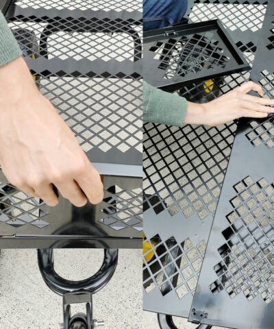 Two photos side by side. The first shows a mans hand lifting up the panel, the second shows it pulling it in towards his body to lay it flat down and to separate it from the body of the cart