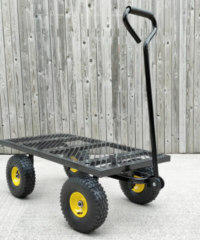 The mesh cart without any panels, presenting as a flatbed. The handle is still in the upright position and the yellow from the rims of the tyres are visible