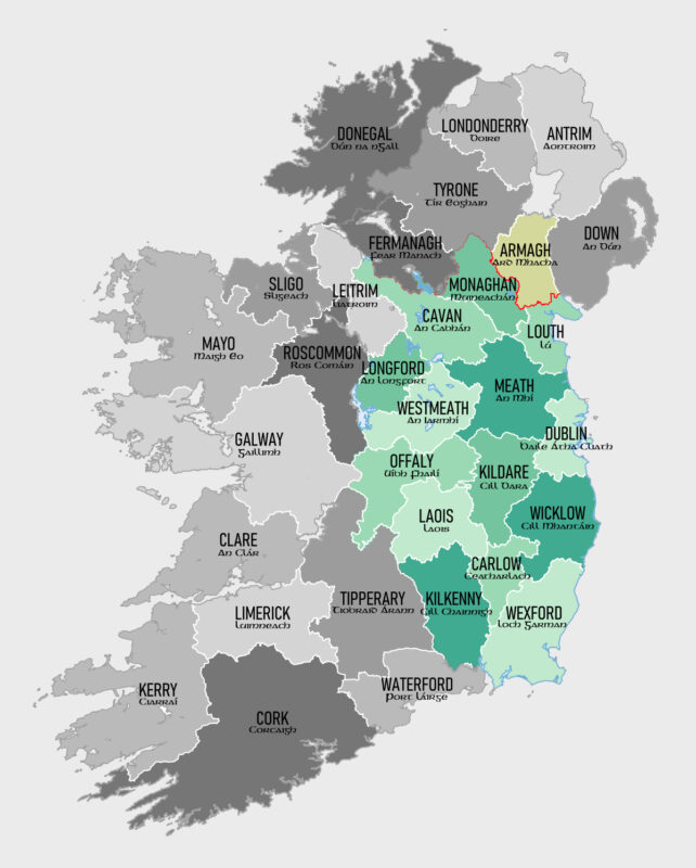 A map of Ireland with the counties ' Armagh, Monaghan, Cavan, Louth, Meath, Longford, Westmeath, Offaly, Kildare, Dublin, Laois, Wicklow, Kilkenny, Carlow and Wexford highlighted. This is where we offer Steel Shed Assembly. 
