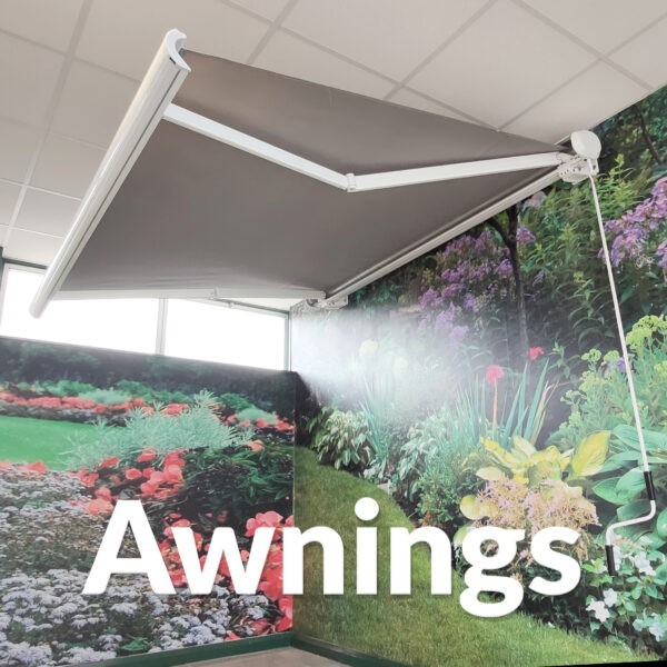 A picture of an Awnings Ireland, attached to a wall in the Sheds Direct Ireland showroom