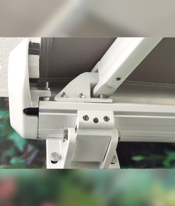 The white and grey support bar of the awning cover from Sheds Direct Ireland