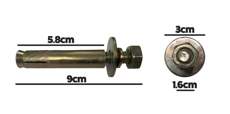 Bolt Dimensions for the awning fixings. It is 9cm long in total, 5.8cm to the bolt and the washer has a 3cm diameter.