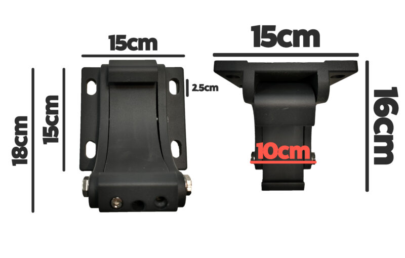 The dimensions of the bracket on the awning. The back plate is 15cm wide and 15cm tall. The bottom of the bracket extends further, it is 18cm tall in total. In terms of depth it is 16cm deep and the portion that protrudes out is 10cm wide at the narrowest point. 