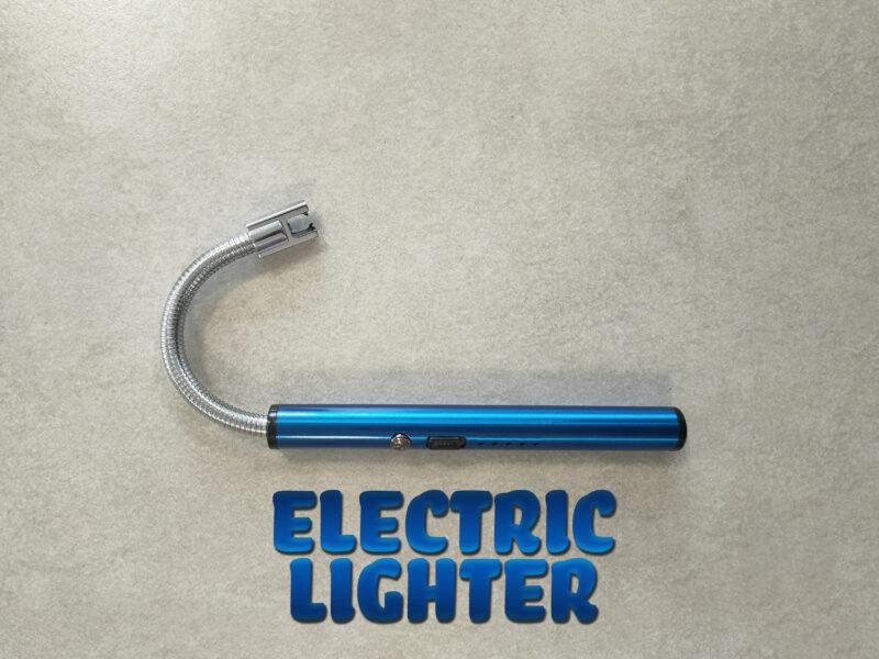 An electric blue, metal electric lighter, with the head bent. It is sitting on a mottled grey tile and the words 'Electric Lighter' are written underneath it