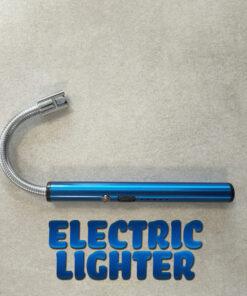 An electric blue, metal electric lighter, with the head bent. It is sitting on a mottled grey tile and the words 'Electric Lighter' are written underneath it