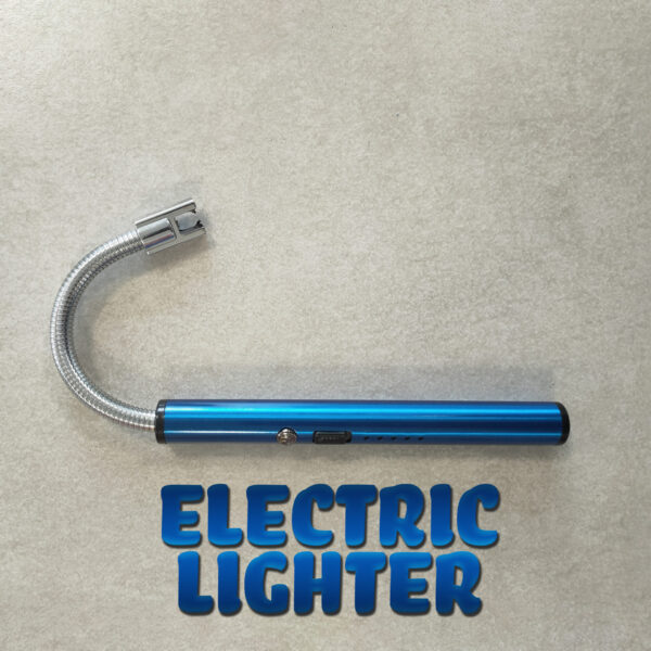 An electric blue, metal electric lighter, with the head bent. It is sitting on a mottled grey tile and the words 'Electric Lighter' are written underneath it