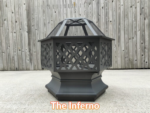 The inferno fire pit as seen face on. It is a small, hexagonal firepit with slanted, cross hatched support bars.