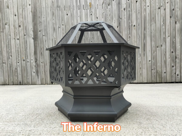 The inferno fire pit as seen face on. It is a small, hexagonal firepit with slanted, cross hatched support bars.