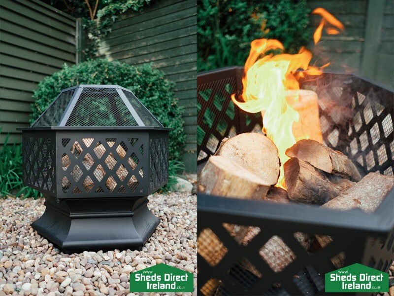Two portrait-orientated photos of the inferno firepit side-by-side. The first is a wide angled shot of the firepit filled with logs, the second shows a close up of the wood on fire inside the fireput