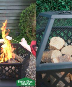 A top down view of the fire pit. On the left hand side, you can see large flames lapping at the wood underneath. On the right, the lid is on the firepit, keeping the flames contained