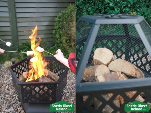 A top down view of the fire pit. On the left hand side, you can see large flames lapping at the wood underneath. On the right, the lid is on the firepit, keeping the flames contained