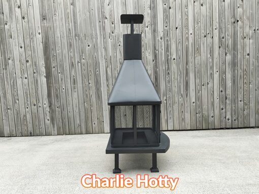 The side view of the charlie hotty fire pit which shows that it is narrower than it is wide (when compare to the other photos)