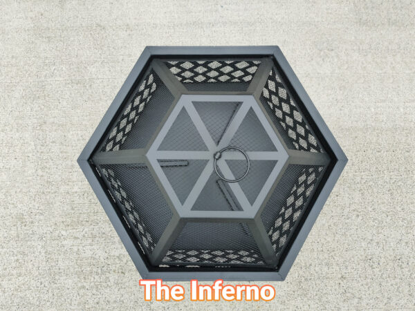 The inferno fire pit as seen from above. It's entirely hexagonal and matte black in style