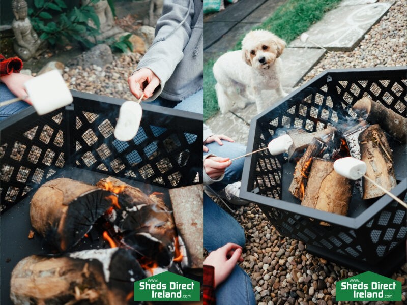 Two close up photos of the fire pit showing people toasting marshmallows. In one of the pictures, a small white dog looks on from the distance. 