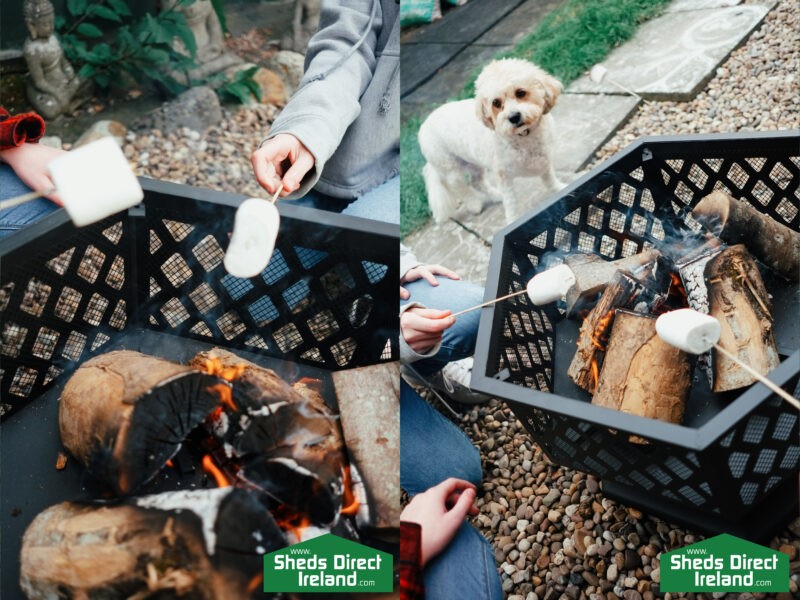 Two close up photos of the fire pit showing people toasting marshmallows. In one of the pictures, a small white dog looks on from the distance.