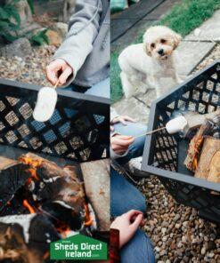 Two close up photos of the fire pit showing people toasting marshmallows. In one of the pictures, a small white dog looks on from the distance.