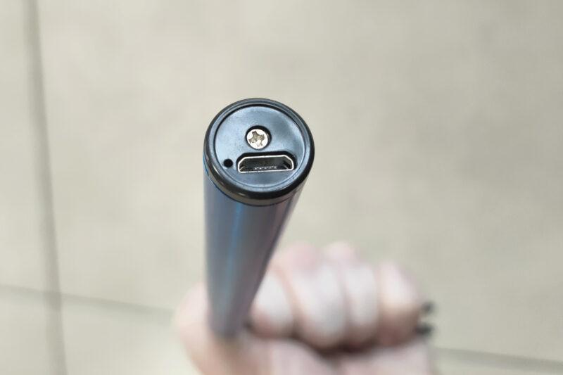 The USB recharging port detail on the bottom of the lighter