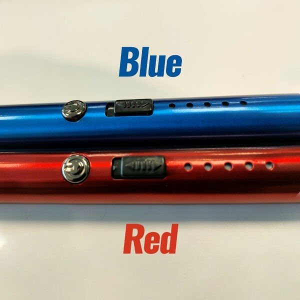 Two electric lights side by side. One is electric blue the other and dark, but shiny red.