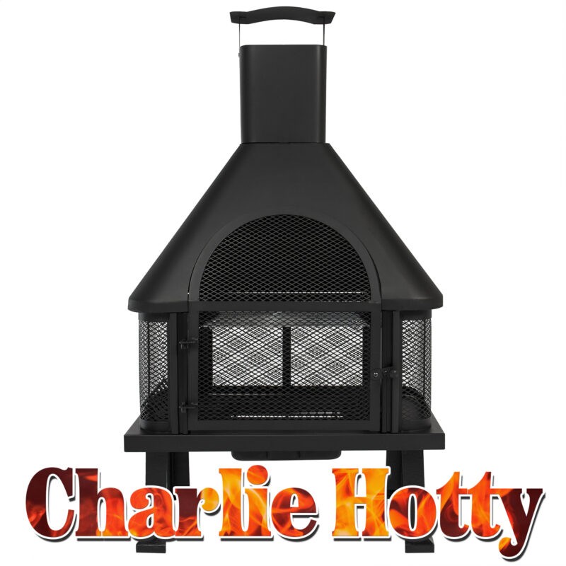 The Charlie Hotty Fire Pit from Sheds Direct Ireland. It is matte-black in colour and it has 4 legs that raise up about 12 inches. The base of the fire fit sits on top. It is square in shape, with mesh wire the whole way around. On top of this, is a peaked roof where a square chimney sits. 