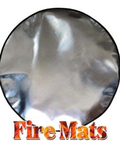 Fire Mats for Firepits - A picture of a large, circular, shiny firemat against a white backdrop. It has a black lined edge and great addition for fire pit safety.