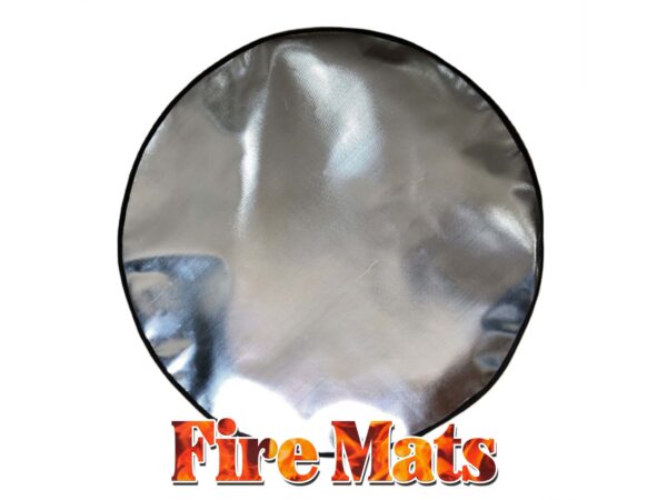 Fire Mats for Firepits - A picture of a large, circular, shiny firemat against a white backdrop. It has a black lined edge and great addition for fire pit safety.