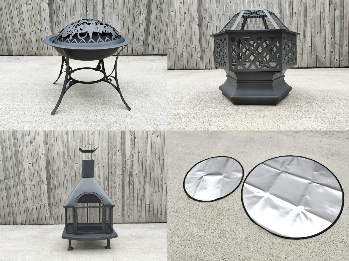 Fire Pits from Sheds Direct Ireland. The image shows the three different styles of fire pits as well as the fire mats