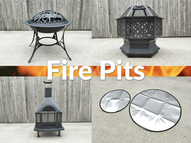 Three different Fire Pits and one Fire Mat against a wooden wall. None of the fire pits are lit.