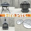 Three different Fire Pits and one Fire Mat against a wooden wall. None of the fire pits are lit.