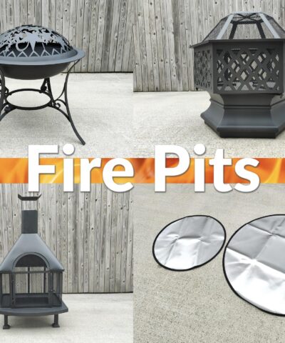 Three different Fire Pits and one Fire Mat against a wooden wall. None of the fire pits are lit.