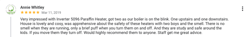 Another 5 star review for the Inverter paraffin heater which states that there is no small coming from them, 'except when it is switched off'