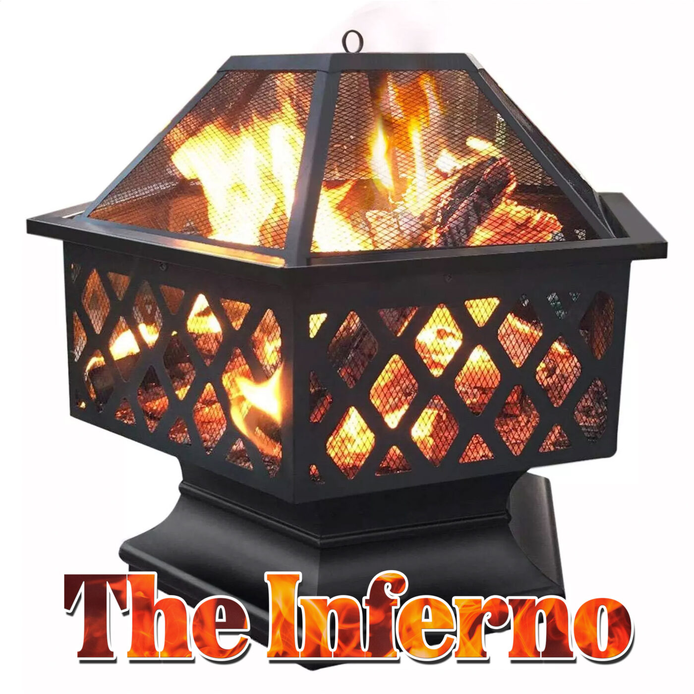 The Inferno firepits against a white background. It is a black, hexagonal firepit with wide mesh sides and thin mesh top pieces. There is a sold, heavy-looking base too. It reads 'the inferno' in flame-styled writing on the image too.