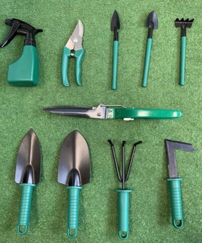 The picture shows all the garden tools contained in the garden tool box