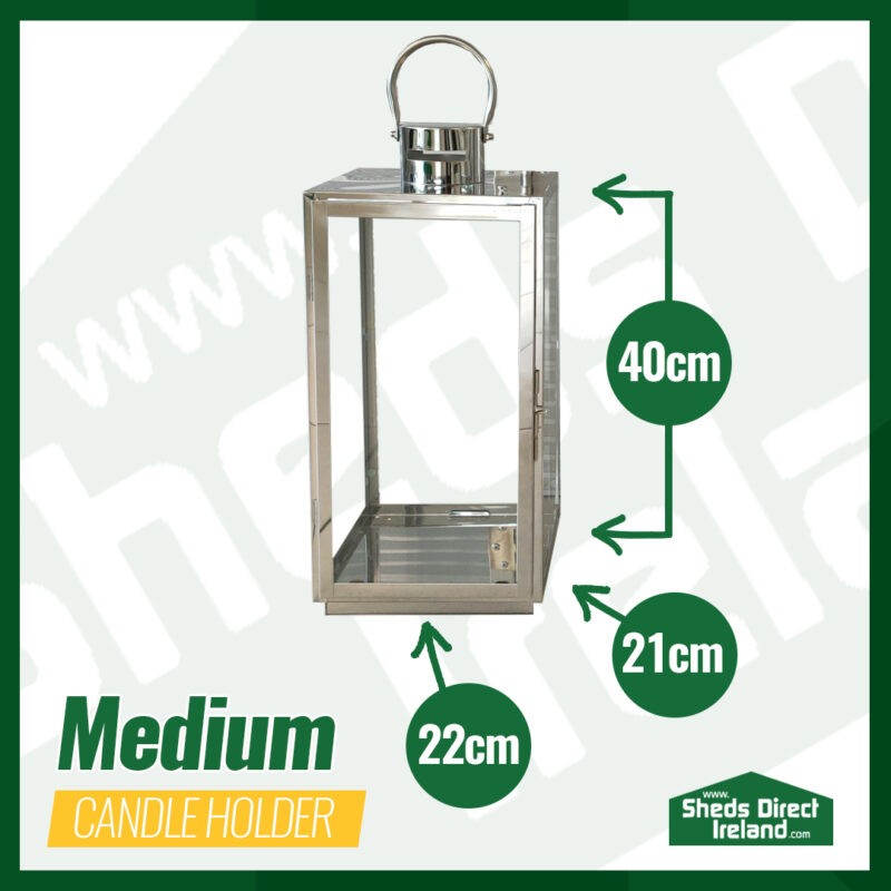 The Medium Lantern-Style candle holder with dimensions laid out beside it. It is 40cm tall, 22cm deep and 21cm wide