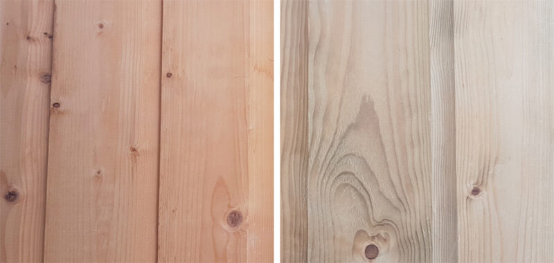 Two pieces of wood side by side. The one on the left is not pressure treated and it's condiserably more saturated in colour, it is a golden shade of brown. The one on the right is treated and it has faded quite significantly.