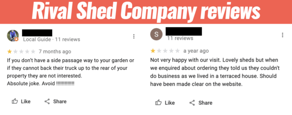 Two Google Reviews from a rival shed company. They are side-by-side which show two uphappy customers who are annoyed that a shed can't be delivered to a terraced house